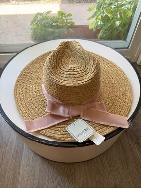 san diego hat company tan straw wide brim fedora pink bow summer sun hat NEW